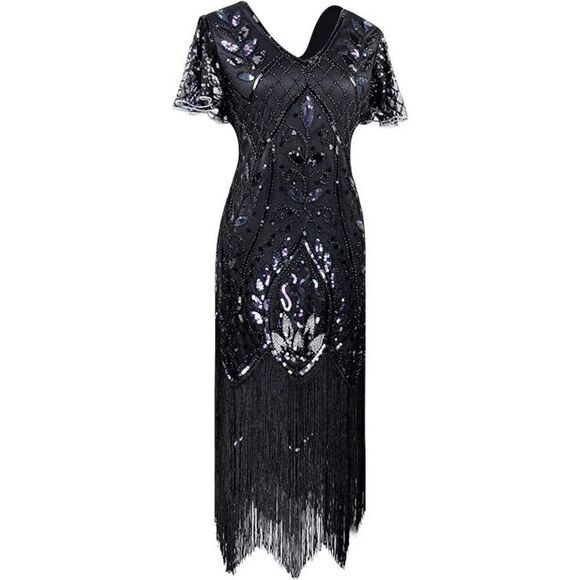✨ Flapper Great Gatsby 1920s Retro Tassel Fringe Sequin Midi Black Dress XL NEW - Picture 4 of 13